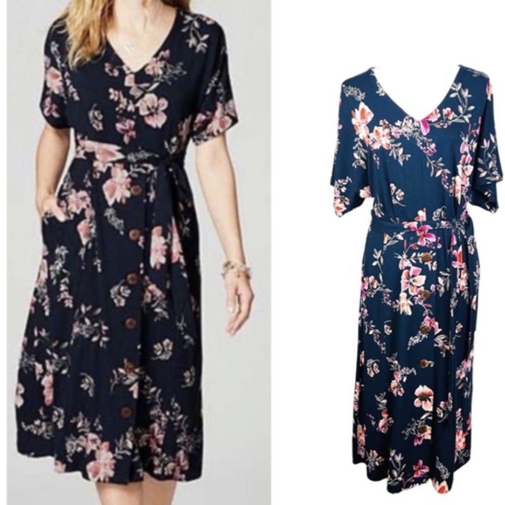 J.Jill Women's Botanical Brunches Navy Floral Midi Dress Sz XL Petite